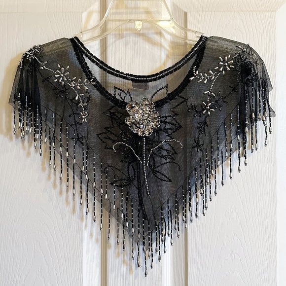 Black & Silver Beaded Sequin Mesh Pullover Capelet Collar Shawl - Picture 5 of 15